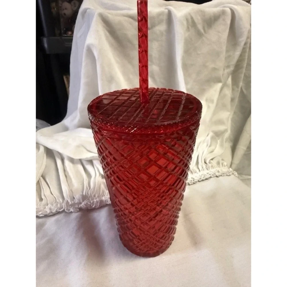 Starbucks Red Jeweled Grid Cold Cup Tumbler 16 fl‎ oz with Straw Limited Edition